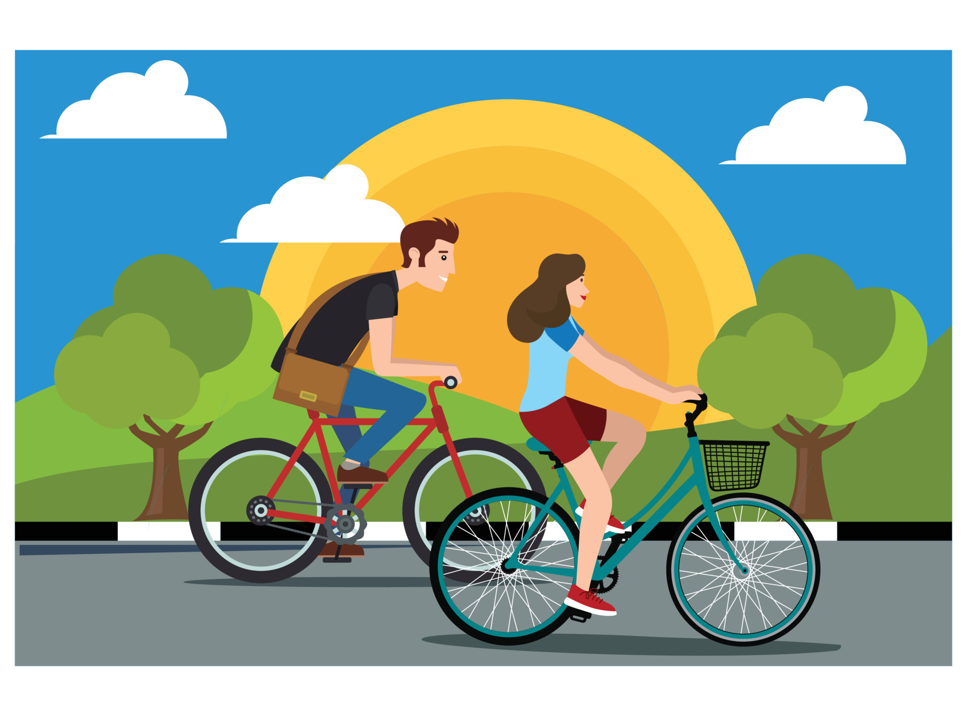 Illustration Young people doing physical activity outdoors in the park by cycling. Illustration