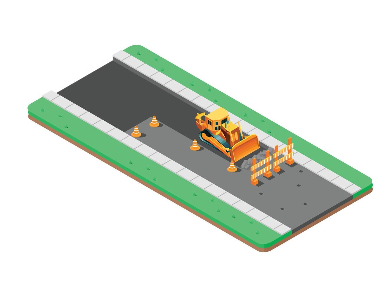 ilustración isométrica de reparación de carretera asfaltada con señales de construcción de carreteras. ilustración isométrica vectorial adecuada para diagramas, infografías y otros activos gráficos vector