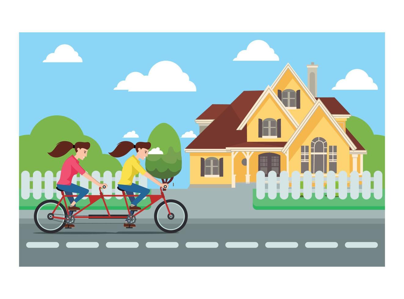 Flat illustration of biking walking through houses with friends and family.  Vector Illustration Suitable for Diagrams, Infographics, And Other Graphic assets