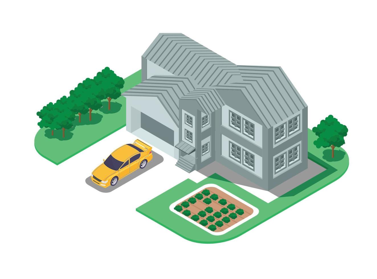 Edificio de ático isométrico 3d con hermoso jardín. ilustración isométrica vectorial adecuada para diagramas, infografías y otros activos gráficos vector