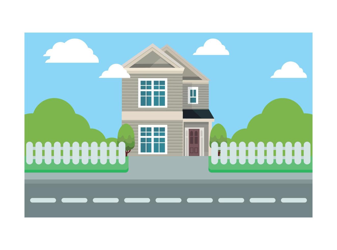 Flat illustration of roadside classic house view.  Vector Illustration Suitable for Diagrams, Infographics, And Other Graphic assets