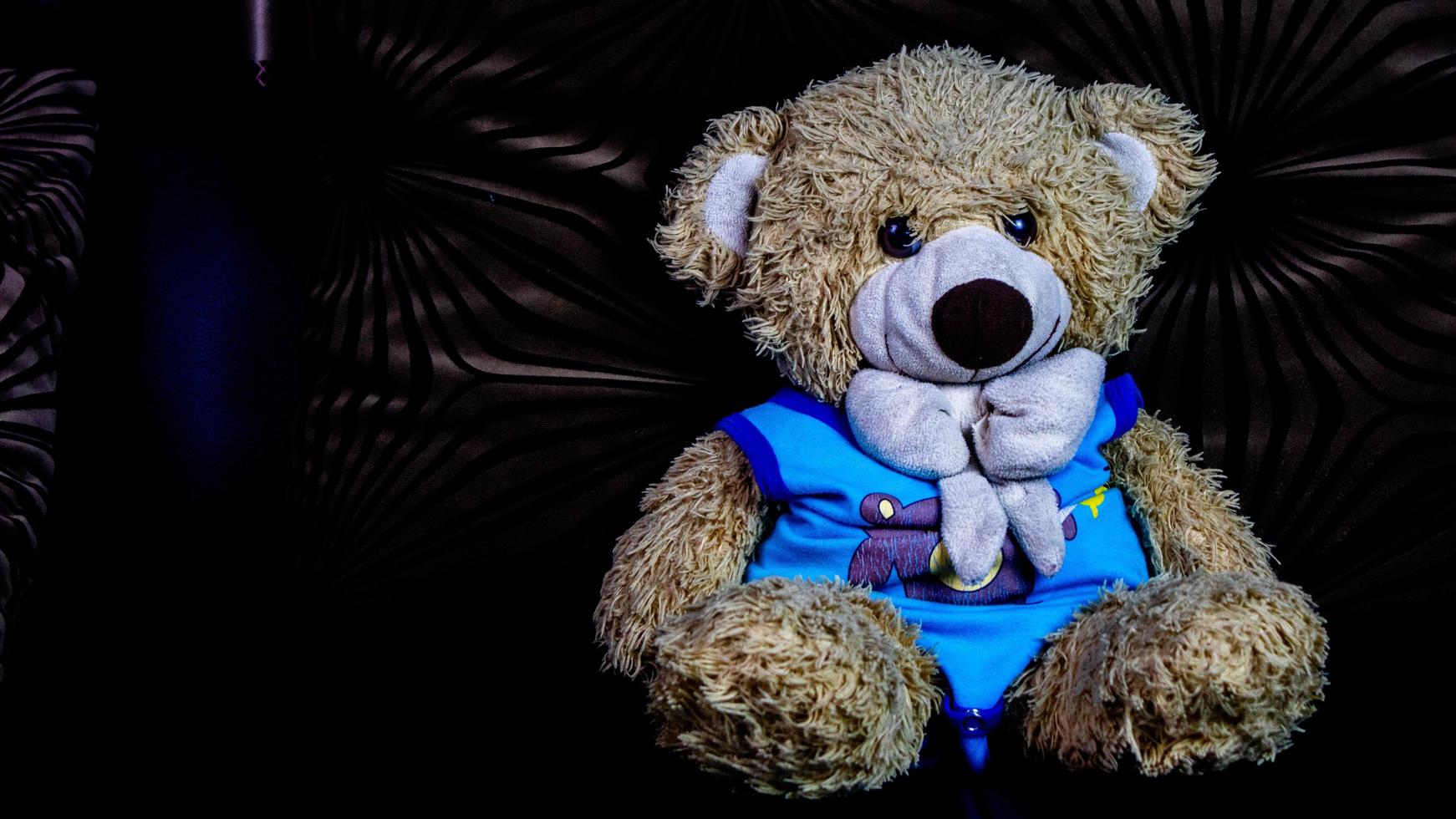 teddy bear in a blue t-shirt on a black sofa photo