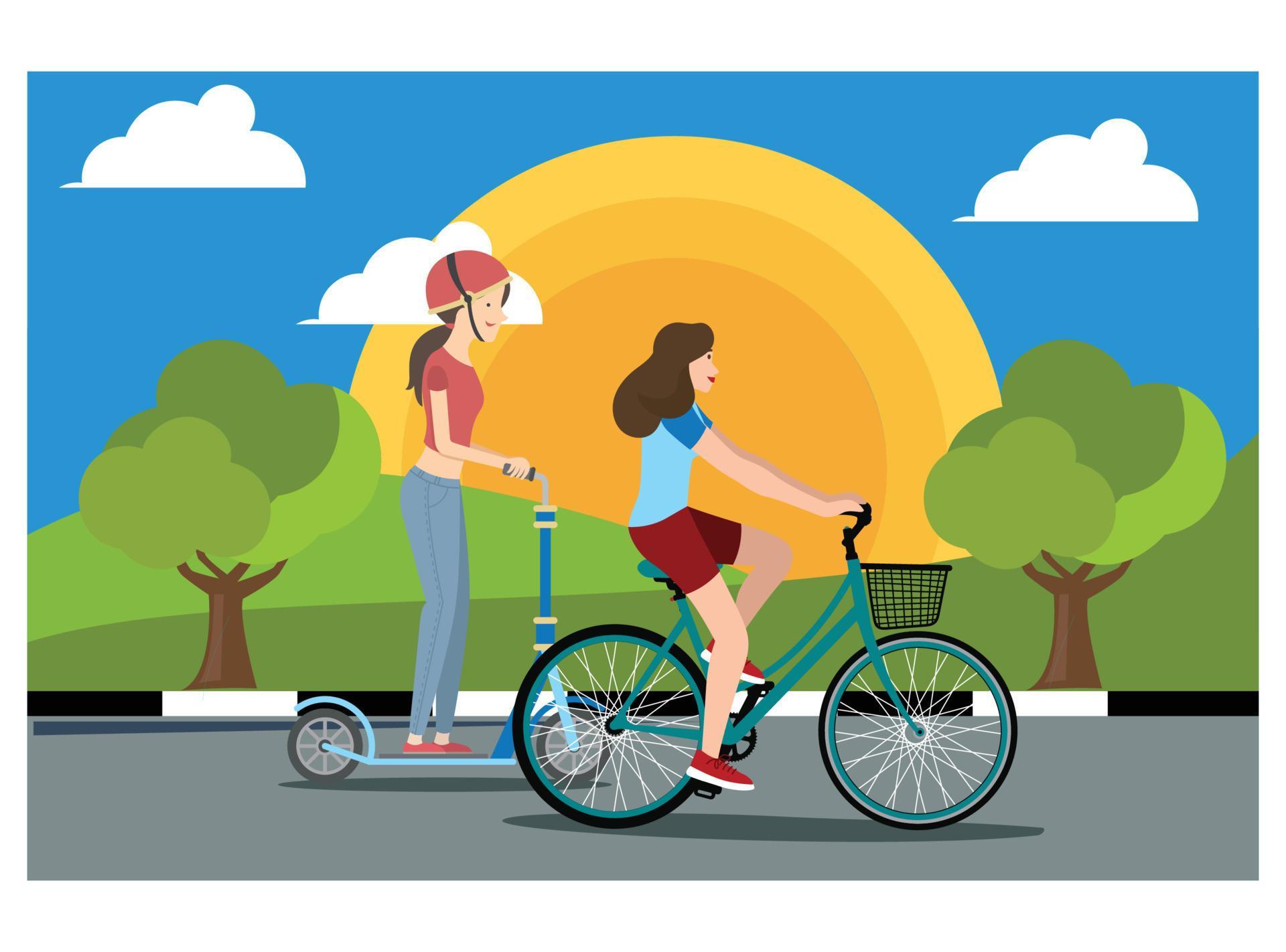 Illustration Young people doing physical activity outdoors in the park by cycling. Illustration