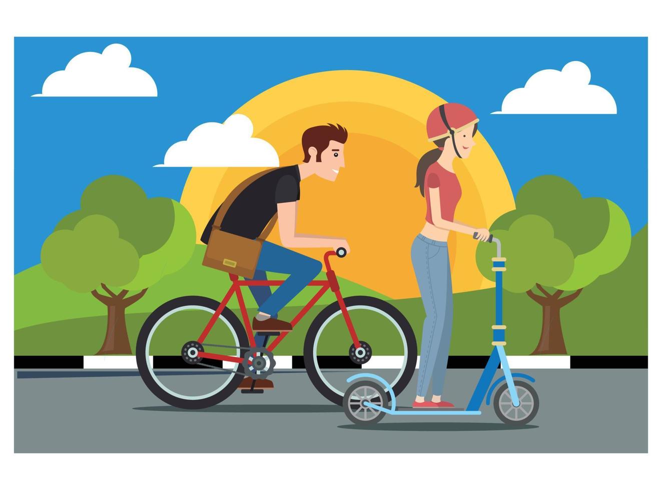 Illustration Young people doing physical activity outdoors in the park by cycling. Illustration