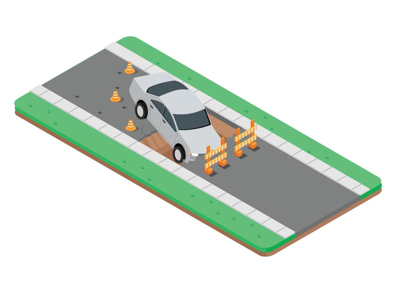 Ilustración isométrica 3D de un accidente de tráfico, un coche en una carretera rota. ilustración isométrica vectorial adecuada para diagramas, infografías y otros activos gráficos vector