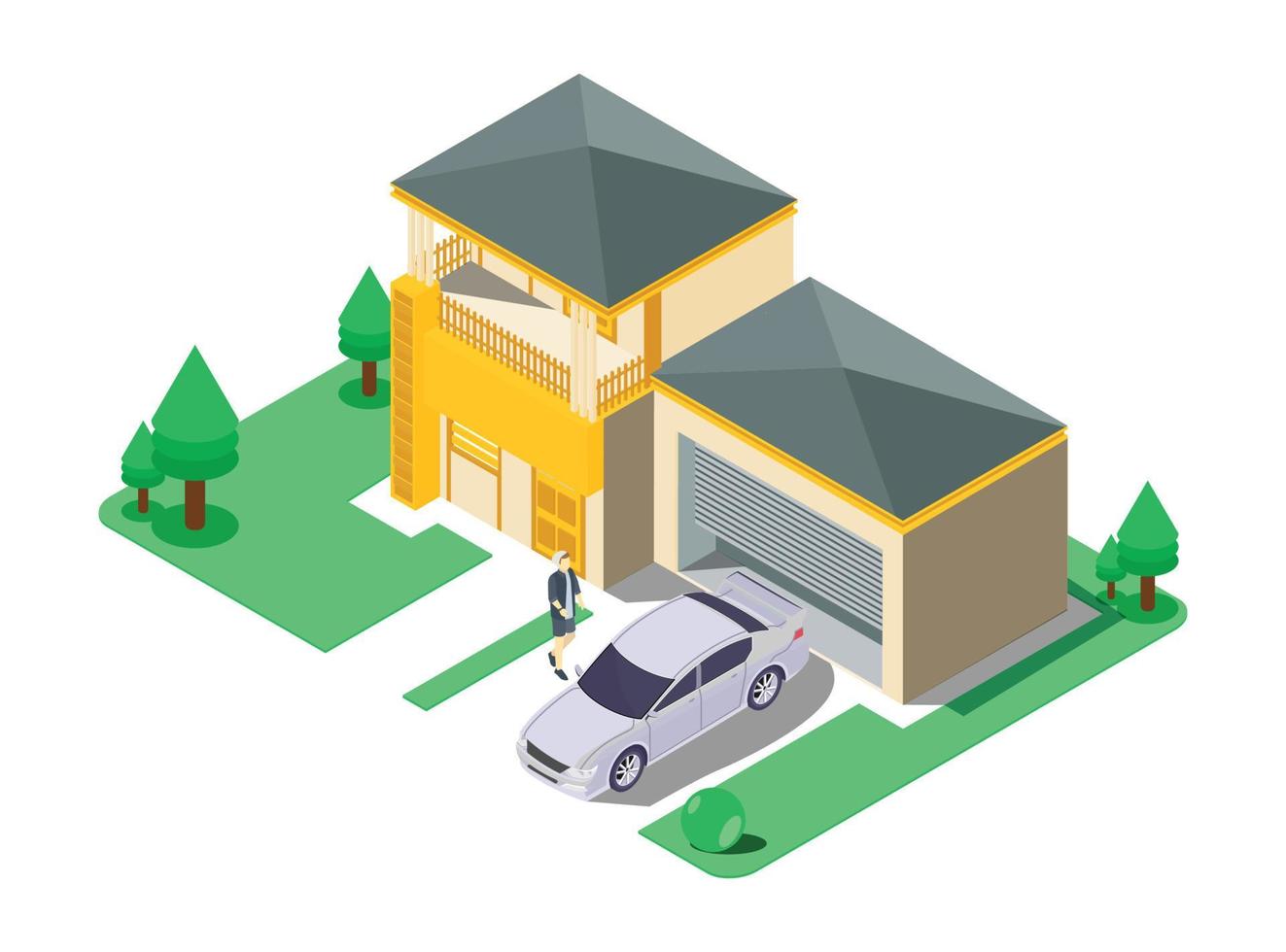 Isometric vector illustration of suburban buildings with private townhouses for two families isolated on white background