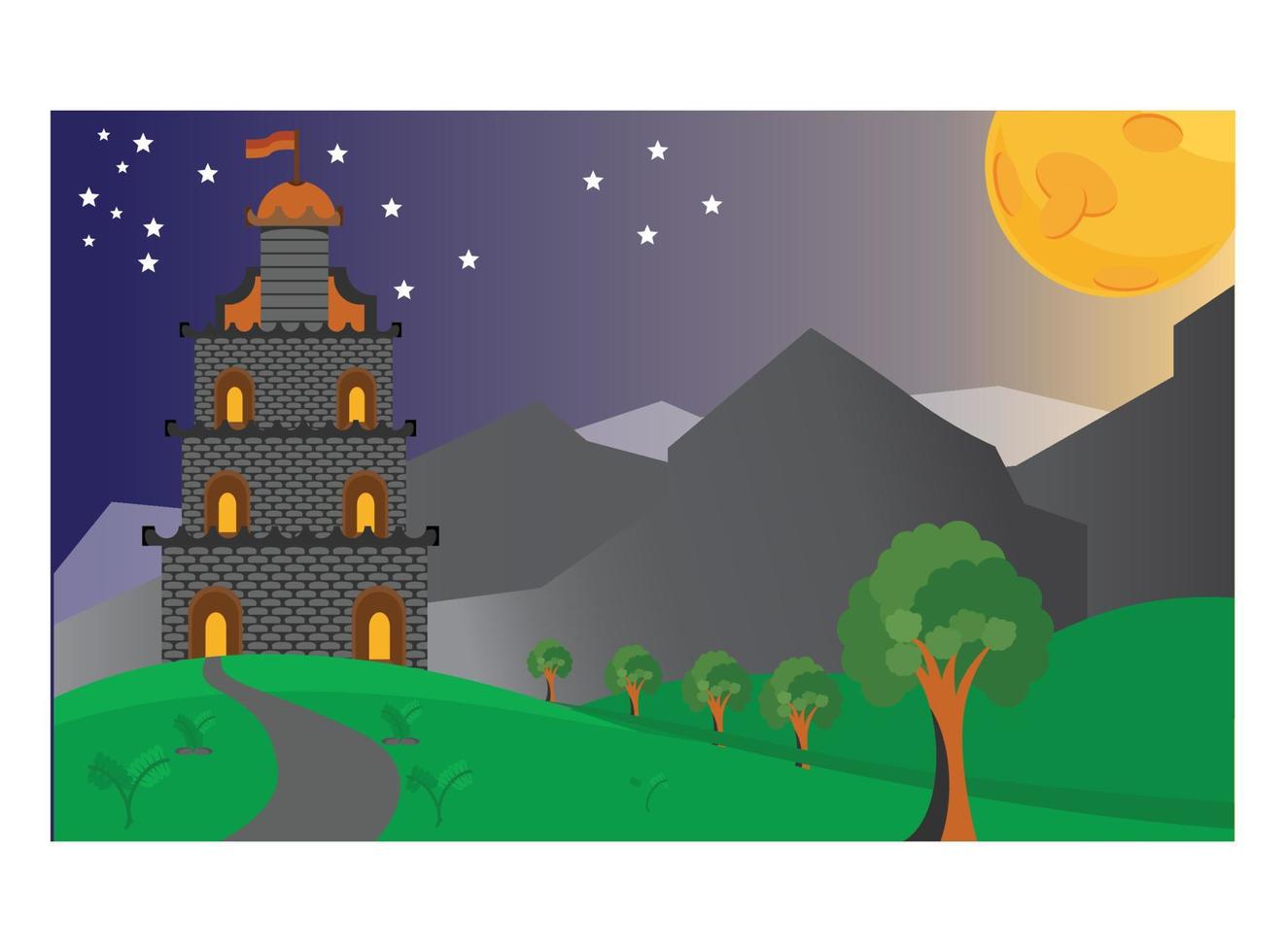 castillo de ilustración plana en las colinas por la noche vector