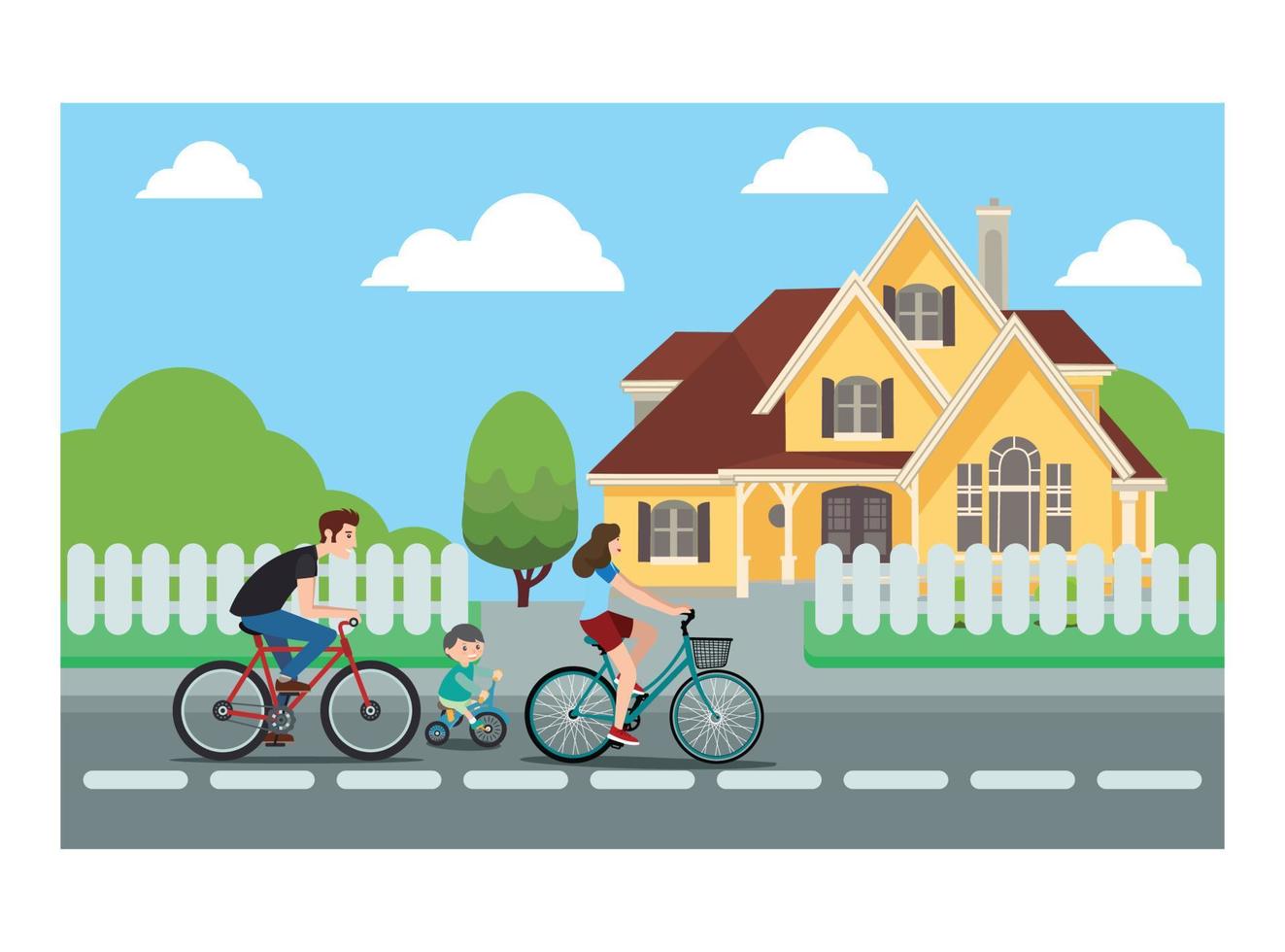 ilustración plana de andar en bicicleta caminando por casas con amigos y familiares. ilustración vectorial adecuada para diagramas, infografías y otros activos gráficos vector