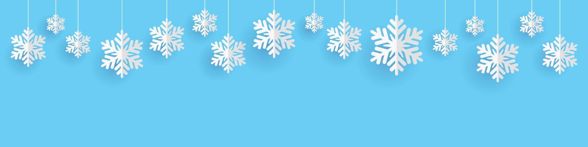 Background with snowflakes hanging on a rope. Garland for New year and Christmas holiday. Winter snow banner. Vector design.