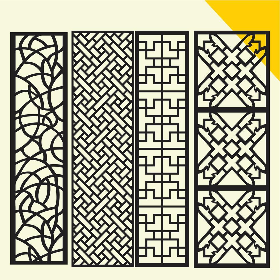 gran conjunto de patrones de panel de pared decorativos cortados con láser diseño jali, acrílico y corte de máquina cnc. ornamento abstracto, geométrico, clásico, patrón oriental, motivos florales y vegetales. geométrico abstracto redondo vector