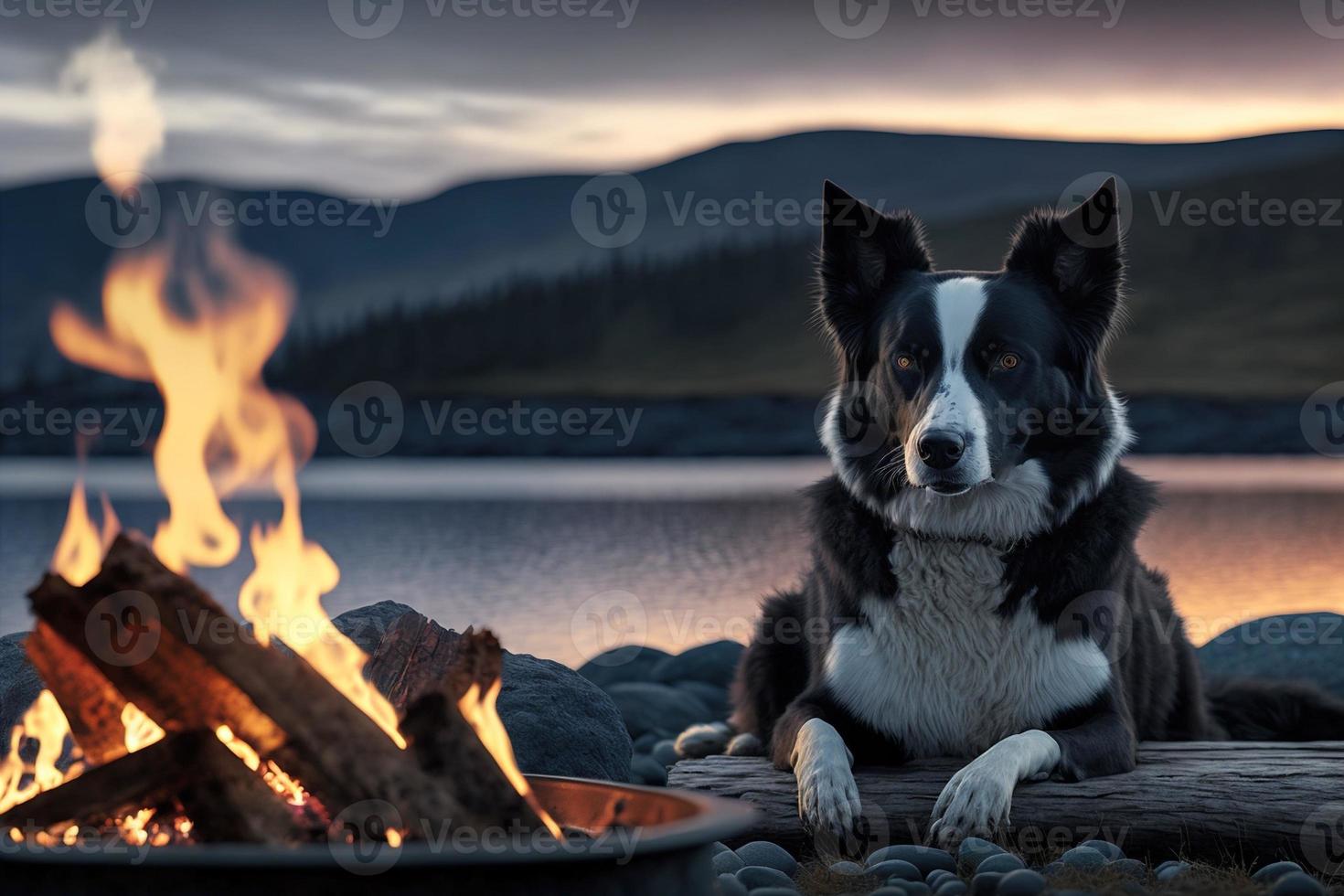 A dog sits next to a warm cozy campfire by the coastline in Norway, a rescue border collie who is very happy to be outdoors camping again. photo