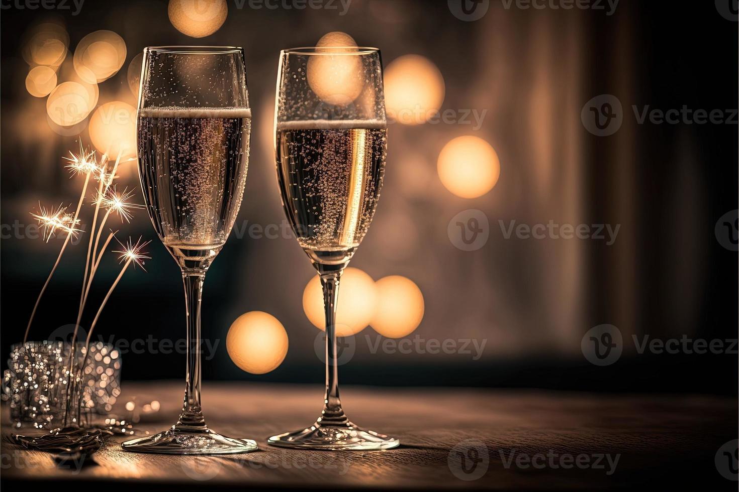 A pair of champagne glasses sit on a table in front of a window, overlooking a city skyline at night. The sky is filled with colorful fireworks, illuminating the night sky. photo