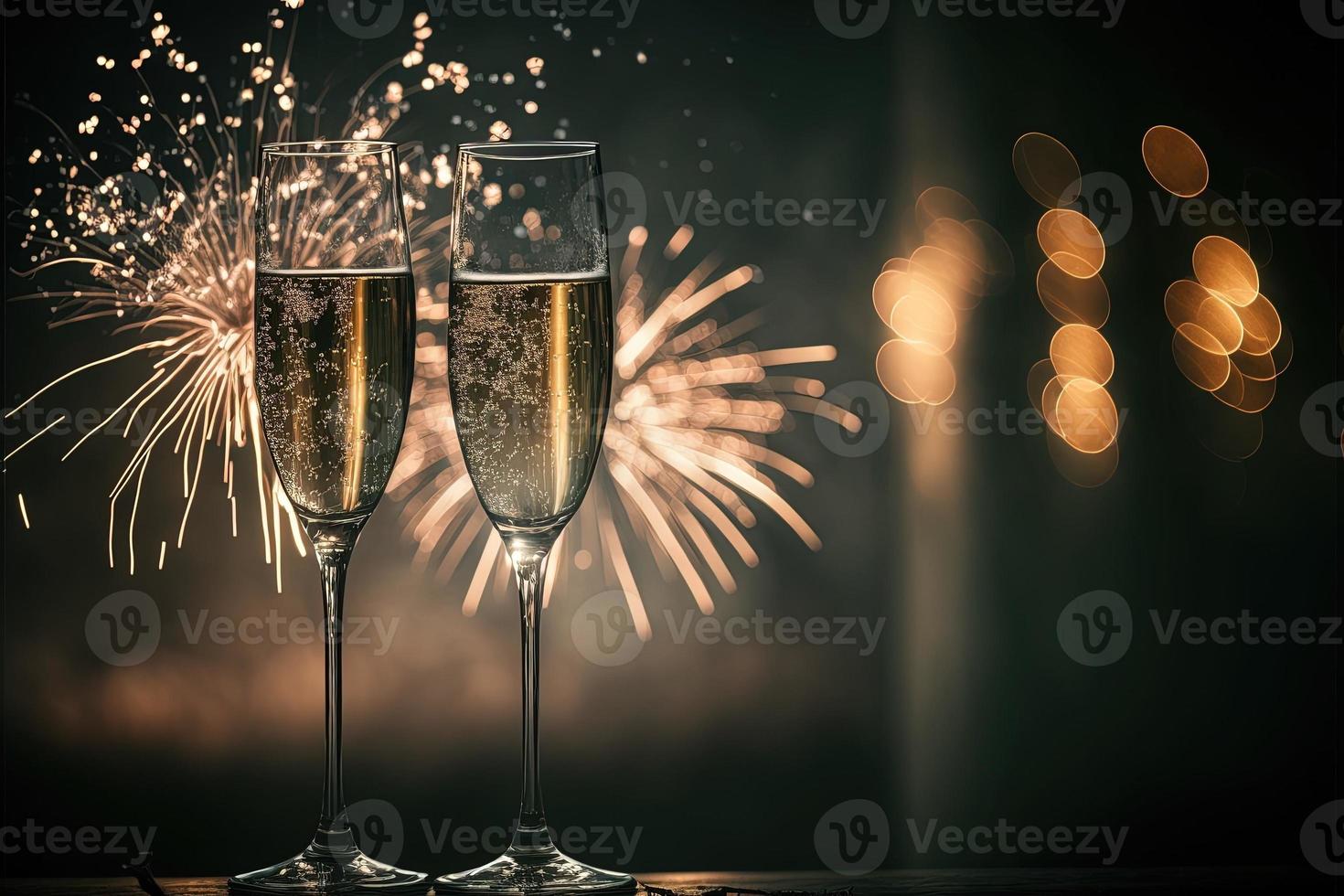 A pair of champagne glasses sit on a table in front of a window, overlooking a city skyline at night. The sky is filled with colorful fireworks, illuminating the night sky. photo