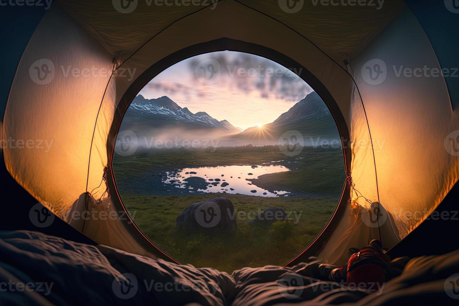 A beautiful photograph of the stunning landscape of Norway, as seen from inside a tent. The perspective from inside the tent adds a sense of coziness and serenity to the image. photo