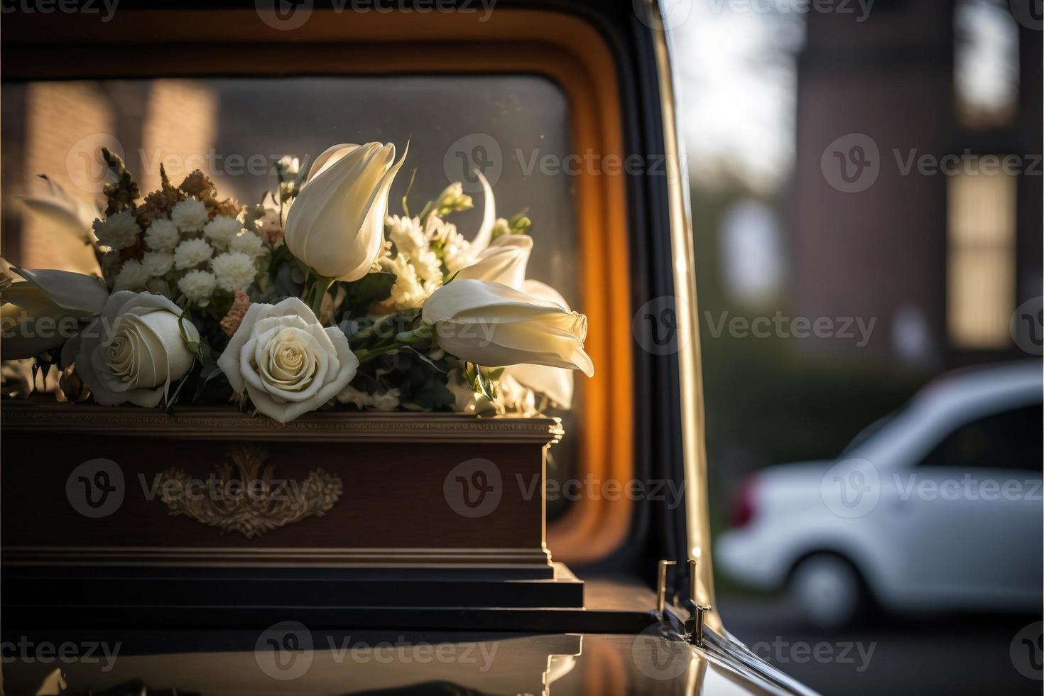 Funeral flowers presented upon a coffin at the event of someone's passing close-up photo