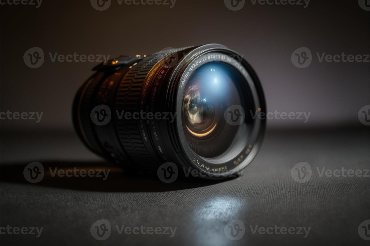 Camera lens sits on a dark table under a spotlight tech review photo