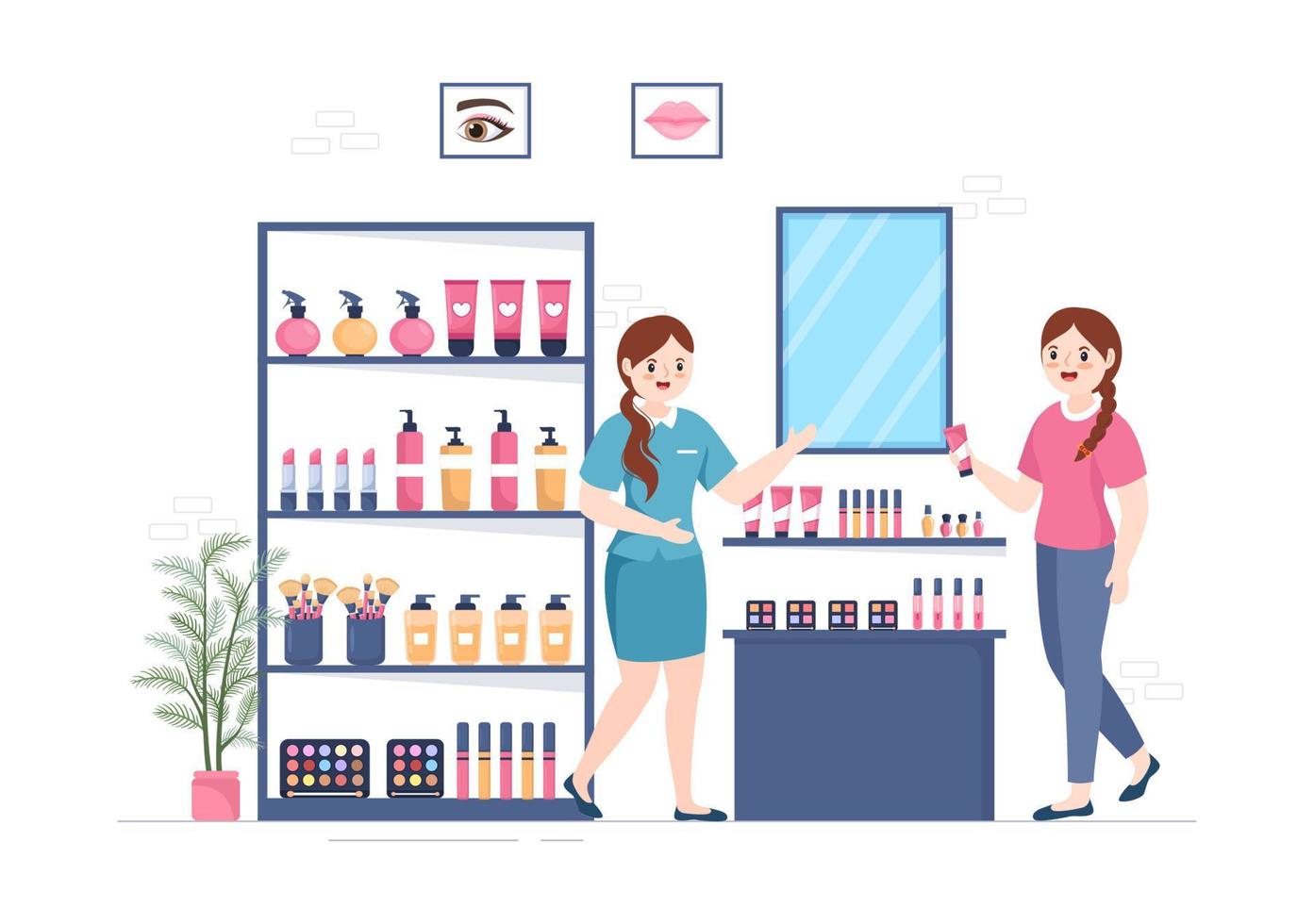 tienda de cosméticos con elección de productos para el cuidado de la piel, cosméticos, perfumes, maquillaje y belleza para niñas en dibujos animados planos dibujados a mano ilustración de plantillas vector