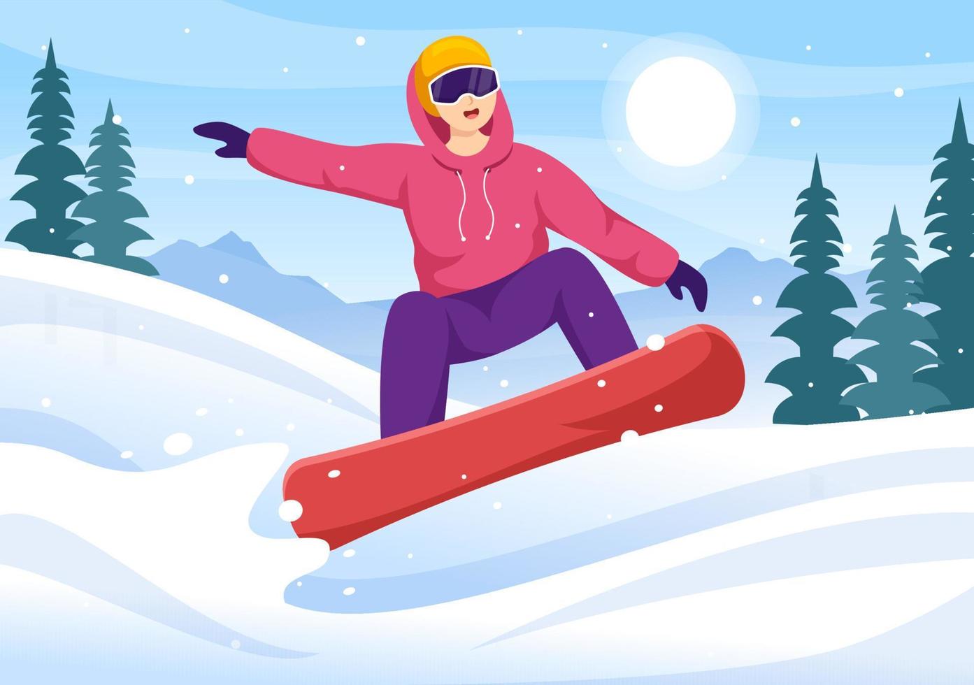Snowboarding with People Sliding and Jumping on Snowy Mountain Side or Slope Inside Flat Cartoon Hand Drawn Templates Illustration vector