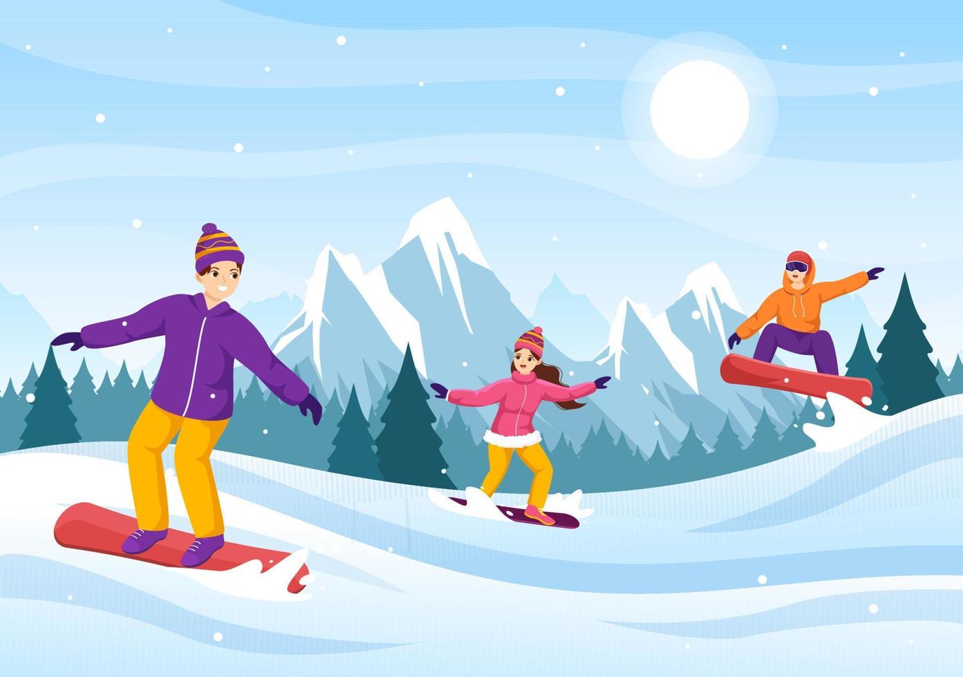 Snowboarding with People Sliding and Jumping on Snowy Mountain Side or Slope Inside Flat Cartoon Hand Drawn Templates Illustration vector