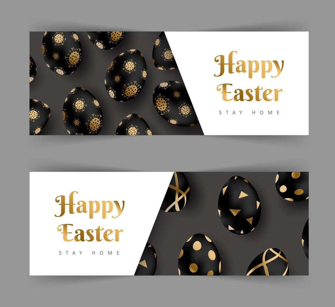 Happy Easter horizontal banner. Stay at home. Luxury backgrounds with black and gold realistic eggs. Vector illustration