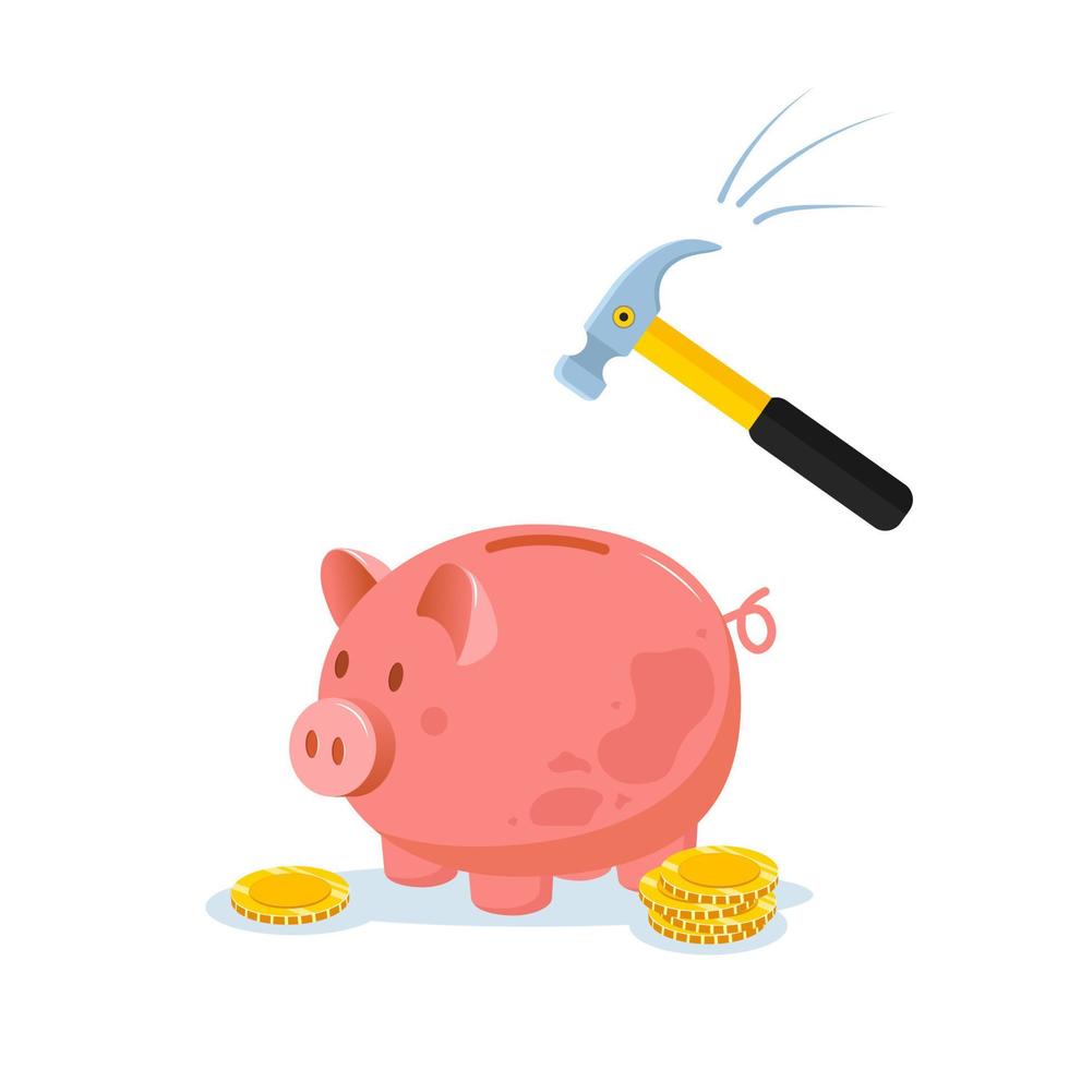 Piggy bank with hammer raised above it to smash. Spending money concept. Financial symbol. Banking or business services. Vector illustration in flat cartoon style