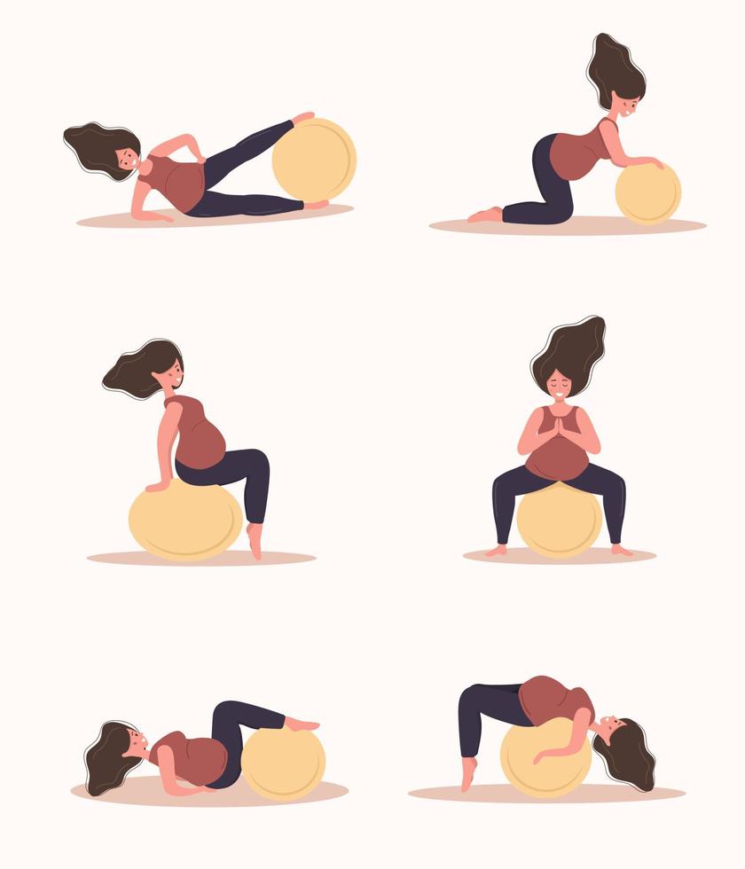 yoga durante el embarazo. colección de ejercicios de fitness con fitball. mujer haciendo deporte. concepto de salud y deporte. personaje femenino de belleza. ilustración vectorial en estilo plano. vector