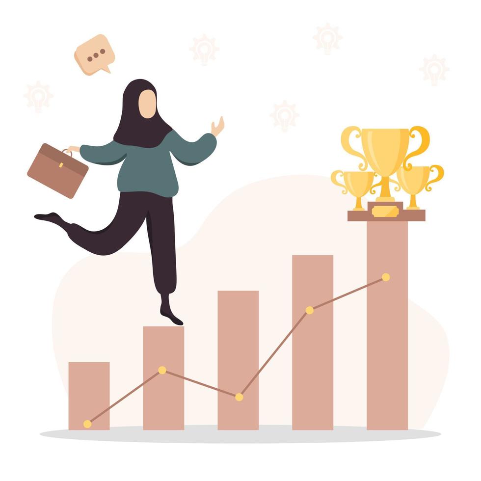 Cartoon vector illustration of business and education concept. Islamic business woman climbing the career ladder.