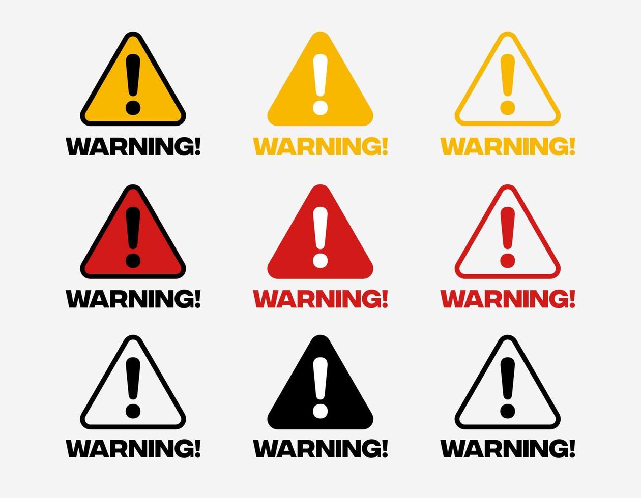 Warning signs in white background with 3 color variations vector