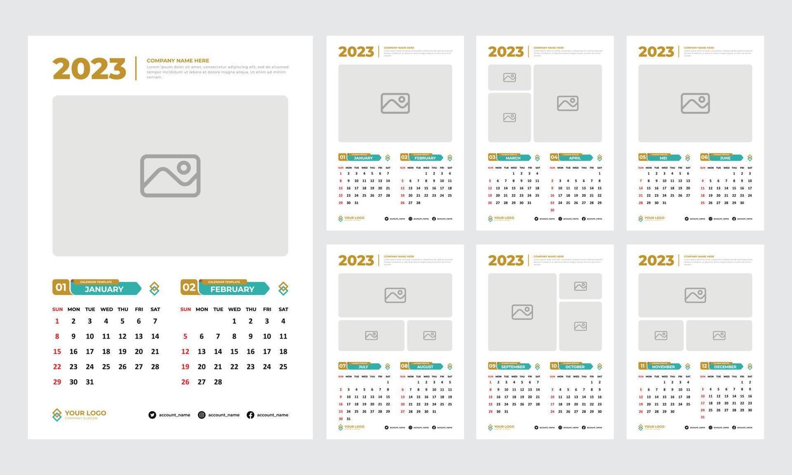 Plantilla de diseño de calendario de pared 2023. plantilla de página editable con a4, conjunto de 12 meses con portadas pro vector. Calendario 2023 en estilo empresarial mínimo para. vector