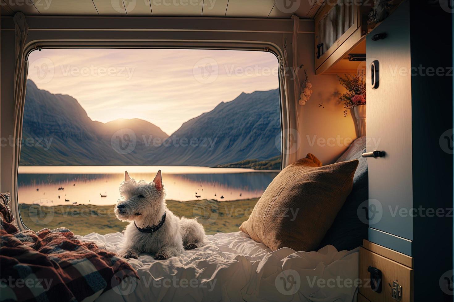 A dog sits in a cozy campervan with a beautiful view of the Scottish Highlands and a Loch in Scotland West highland Terrier looks comfy photo