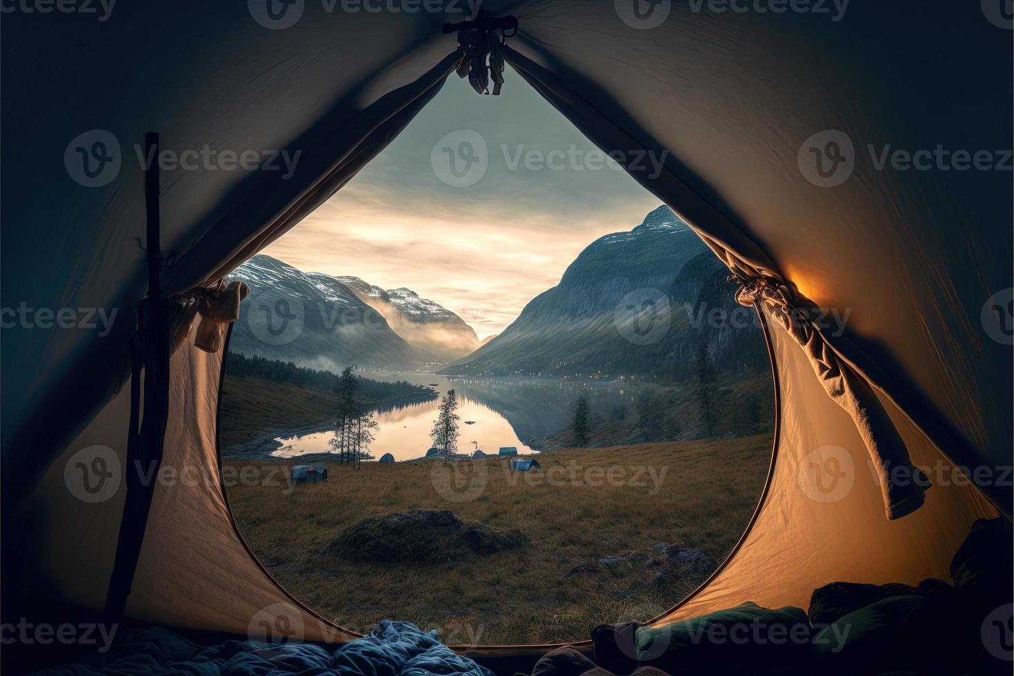 una hermosa fotografía del impresionante paisaje de noruega, visto desde el interior de una tienda de campaña. la perspectiva desde el interior de la tienda añade una sensación de calidez y serenidad a la imagen. foto