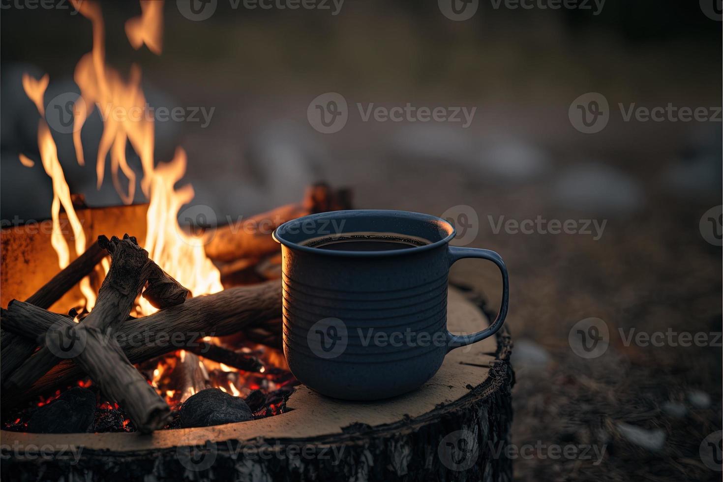 a steaming cup of coffee, nestled in the wilderness of Norway. The golden light of the campfire illuminates the cup, giving it a warm and inviting appearance. photo