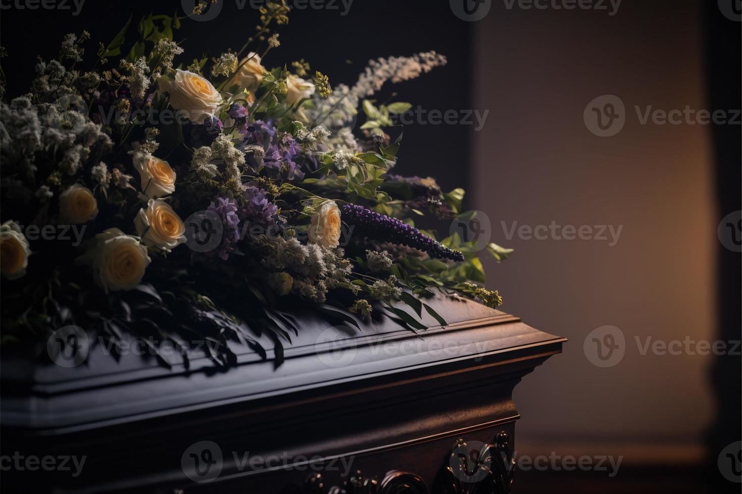 Funeral flowers presented upon a coffin at the event of someone's passing close-up photo