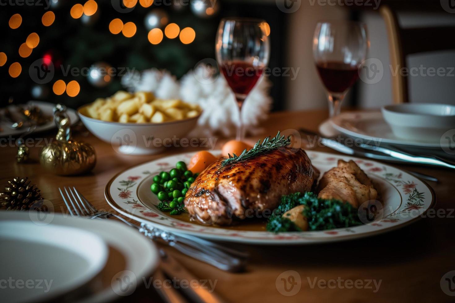 pavo de cena de navidad servido y listo con vino, luces de hadas y decoraciones en el fondo foto