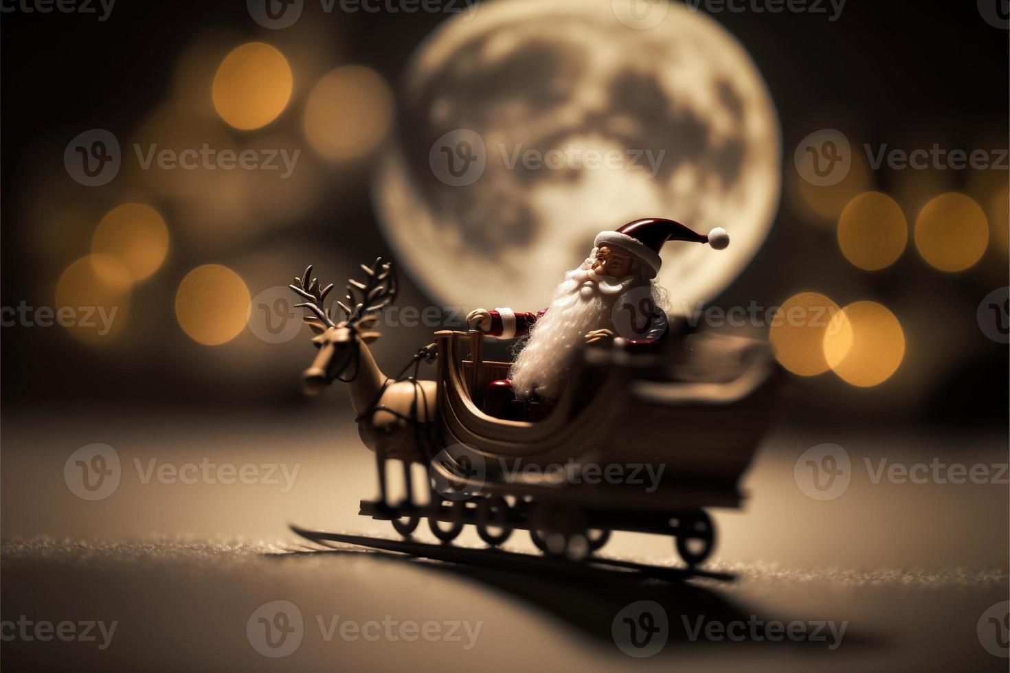 A cute Santa miniature Christmas toy with beautiful Christmas eve lights and the full moon in the background with fairy light bokeh photo