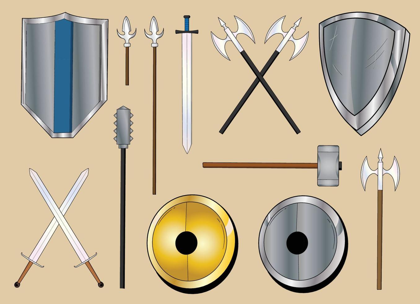 Set Of Weapons Swords Shields Hammer Battle vector