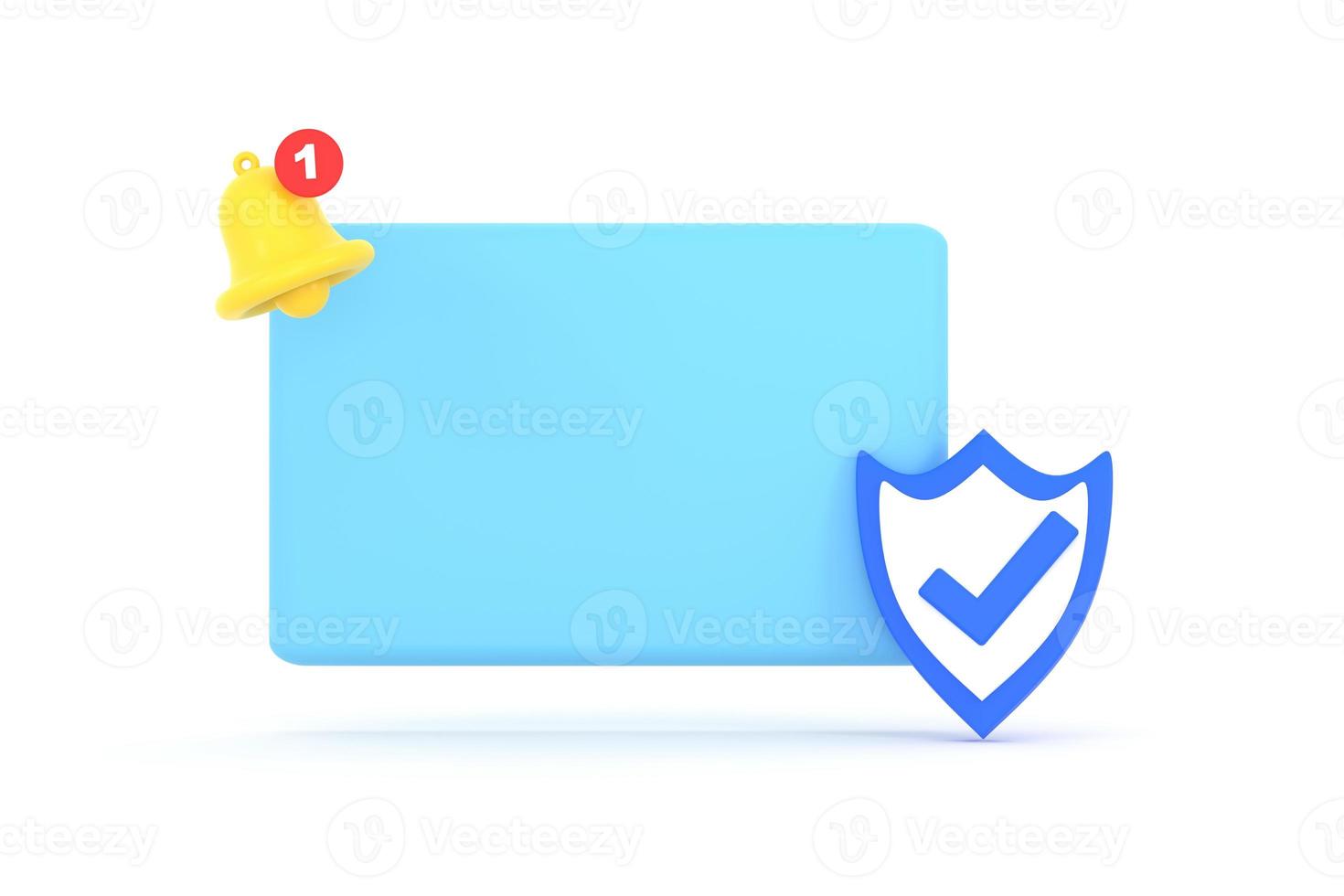Empty reminder pop up, notification bell icon with shield check mark. photo