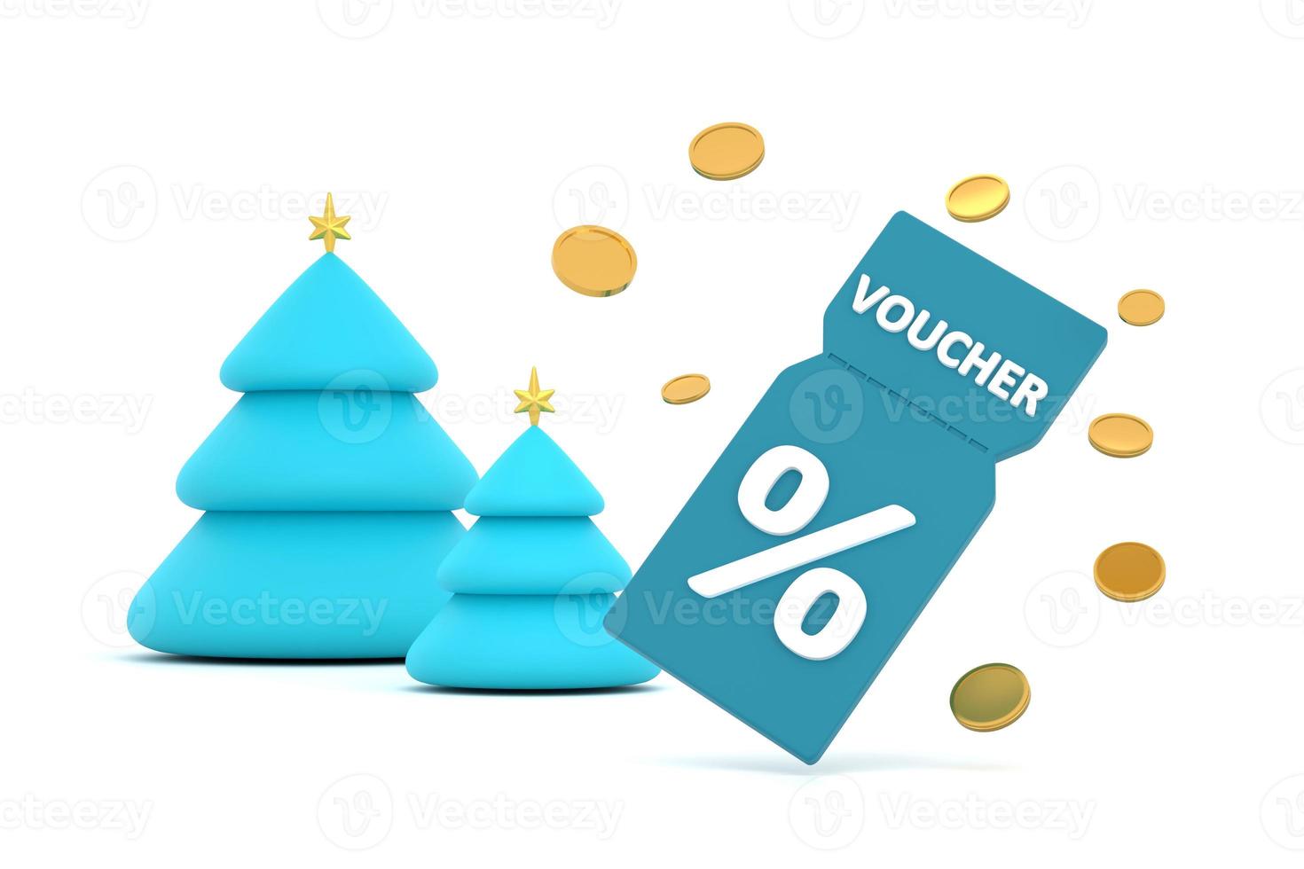 discount coupon with percentage sign with coins. Voucher card cash back christmas tree. photo