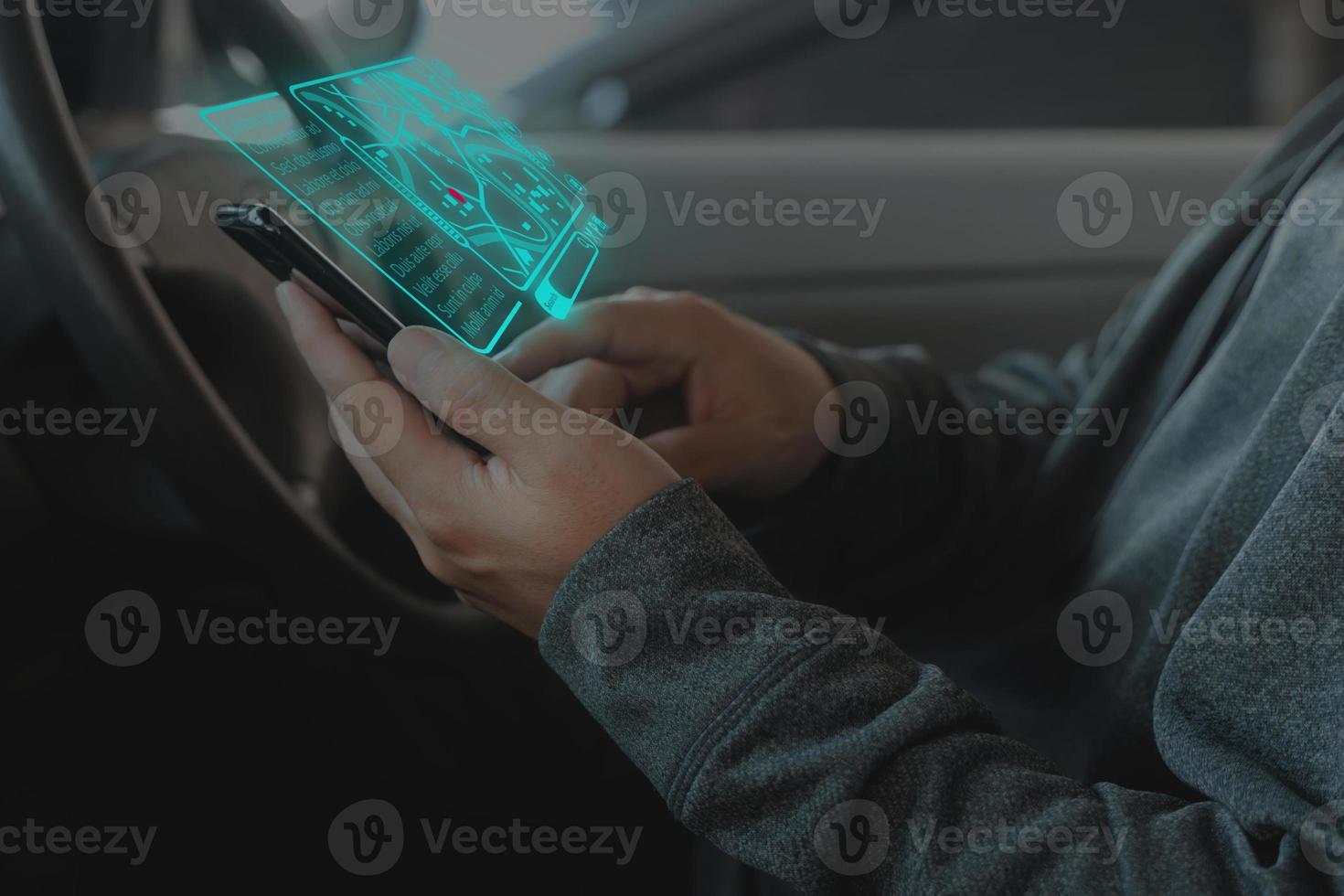 Man searching destination direction or address on GPS or navigator application via mobilephone photo