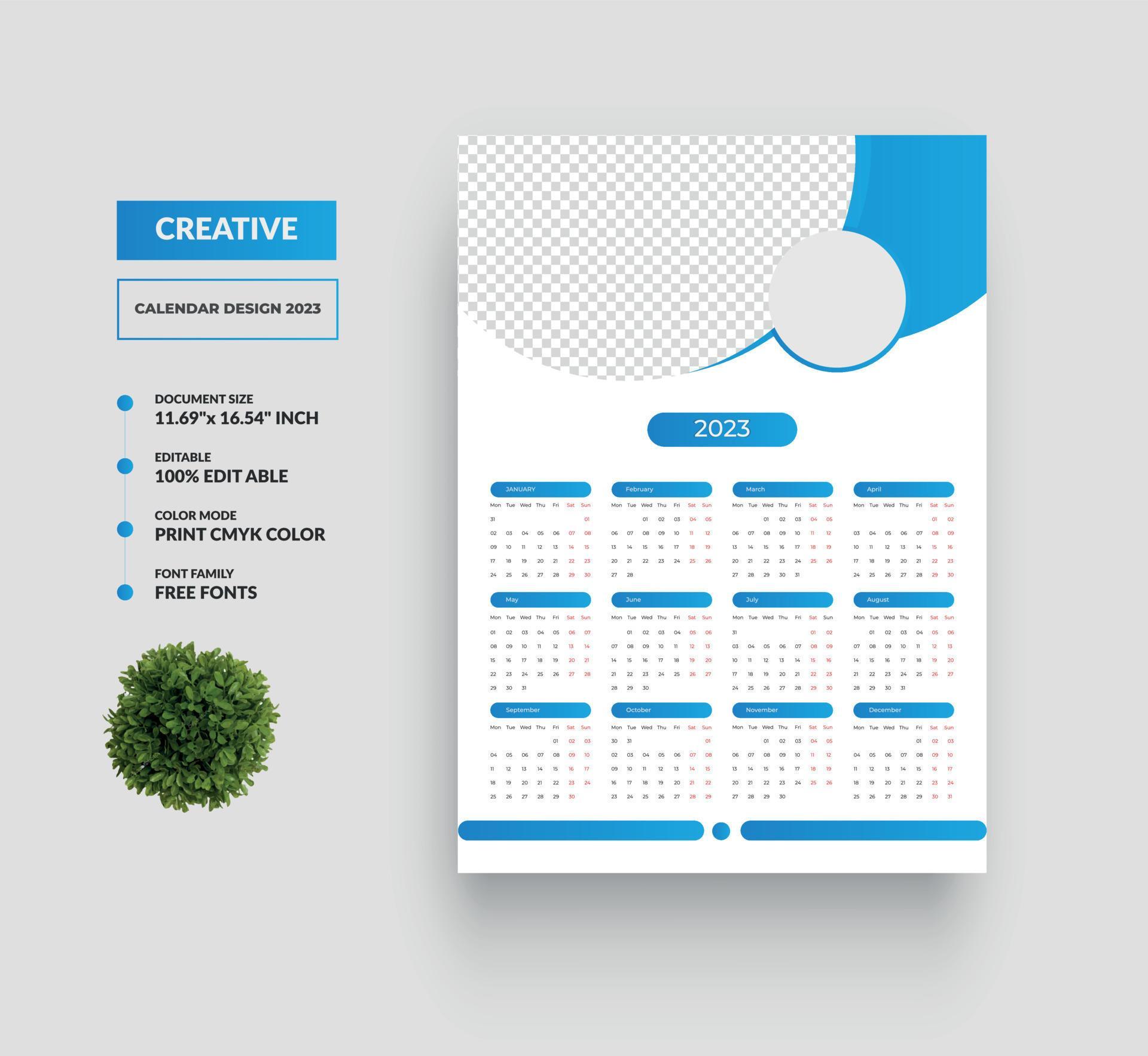 One Page Wall Calendar 2023 Design Template Or 12 Month One Page Calendar 15619780 Vector Art at