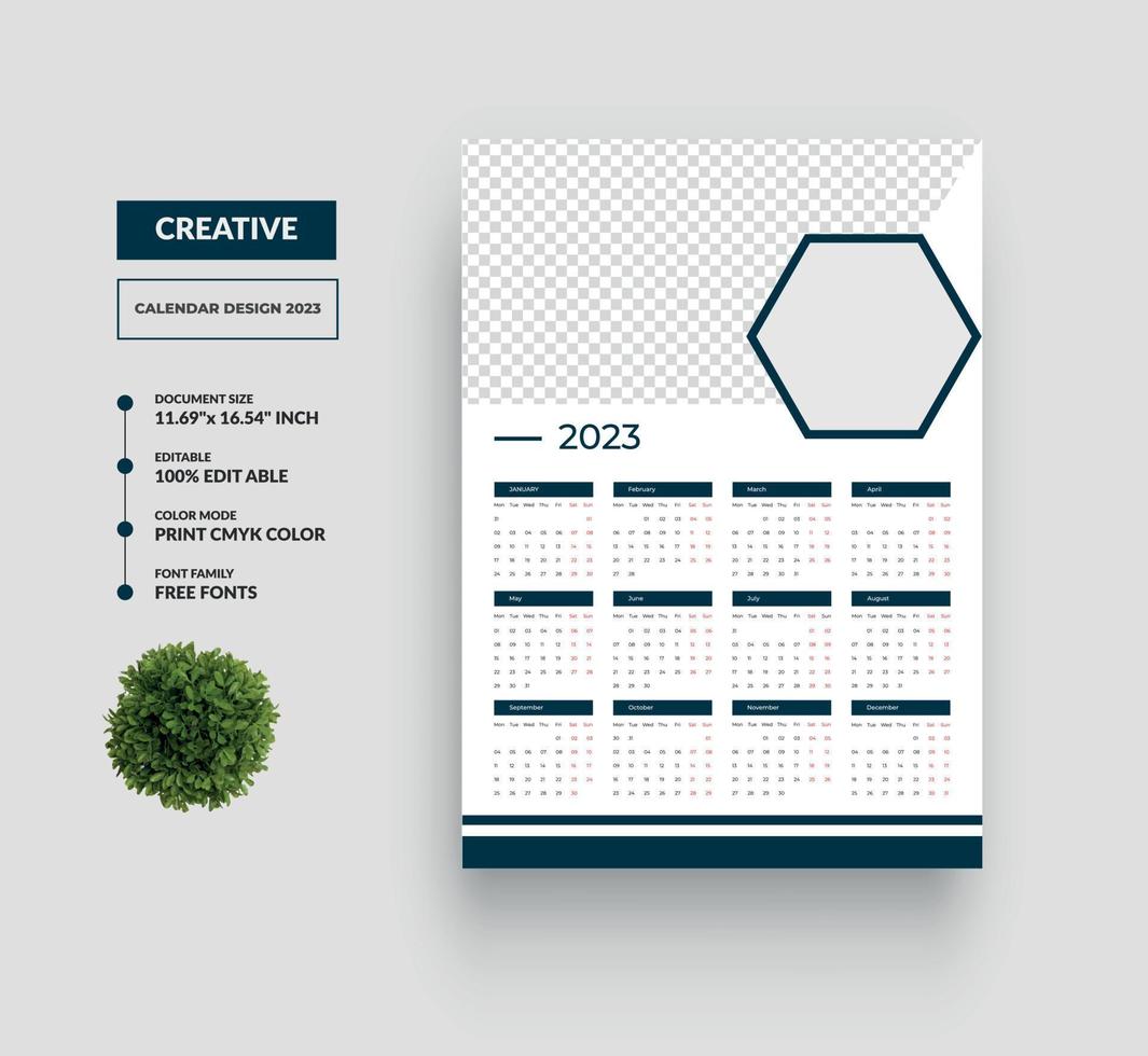 plantilla de diseño de calendario de pared de una página 2023 o calendario de una página de 12 meses vector