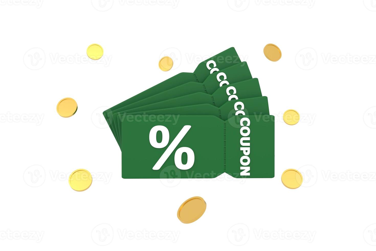 discount coupon with percentage sign with coins. Voucher card cash back with coupon code promotion. photo