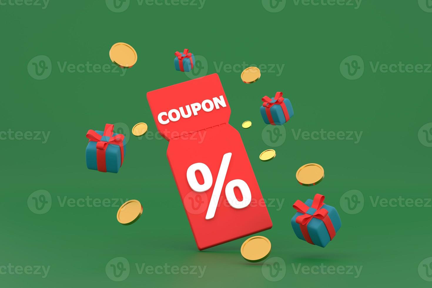 discount coupon with percentage sign with coins. Voucher card cash back with coupon code promotion. photo