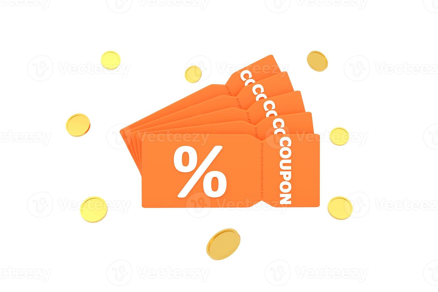 discount coupon with percentage sign with coins. Voucher card cash back with coupon code promotion. photo