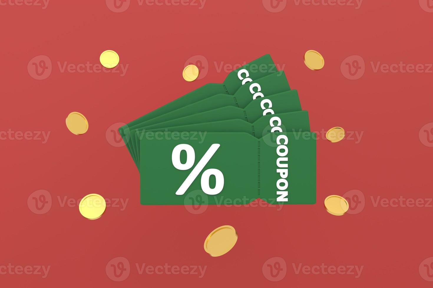 discount coupon with percentage sign with coins. Voucher card cash back with coupon code promotion. photo