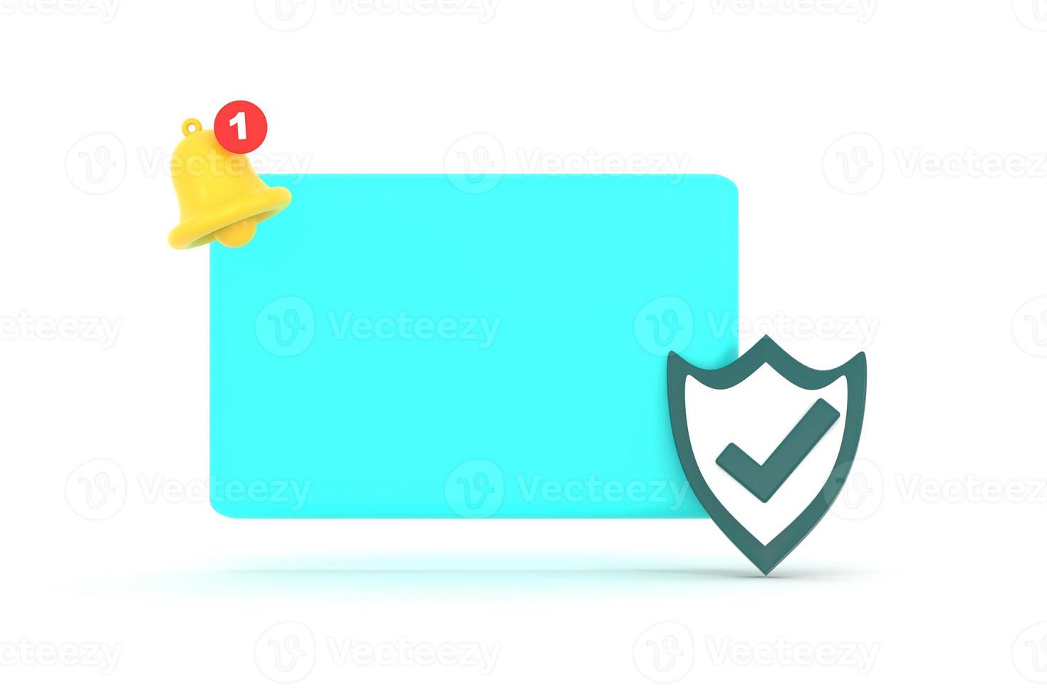 Empty reminder pop up, notification bell icon with shield check mark. photo