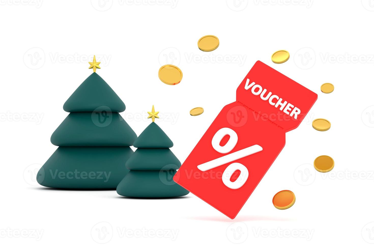 discount coupon with percentage sign with coins. Voucher card cash back christmas tree. photo
