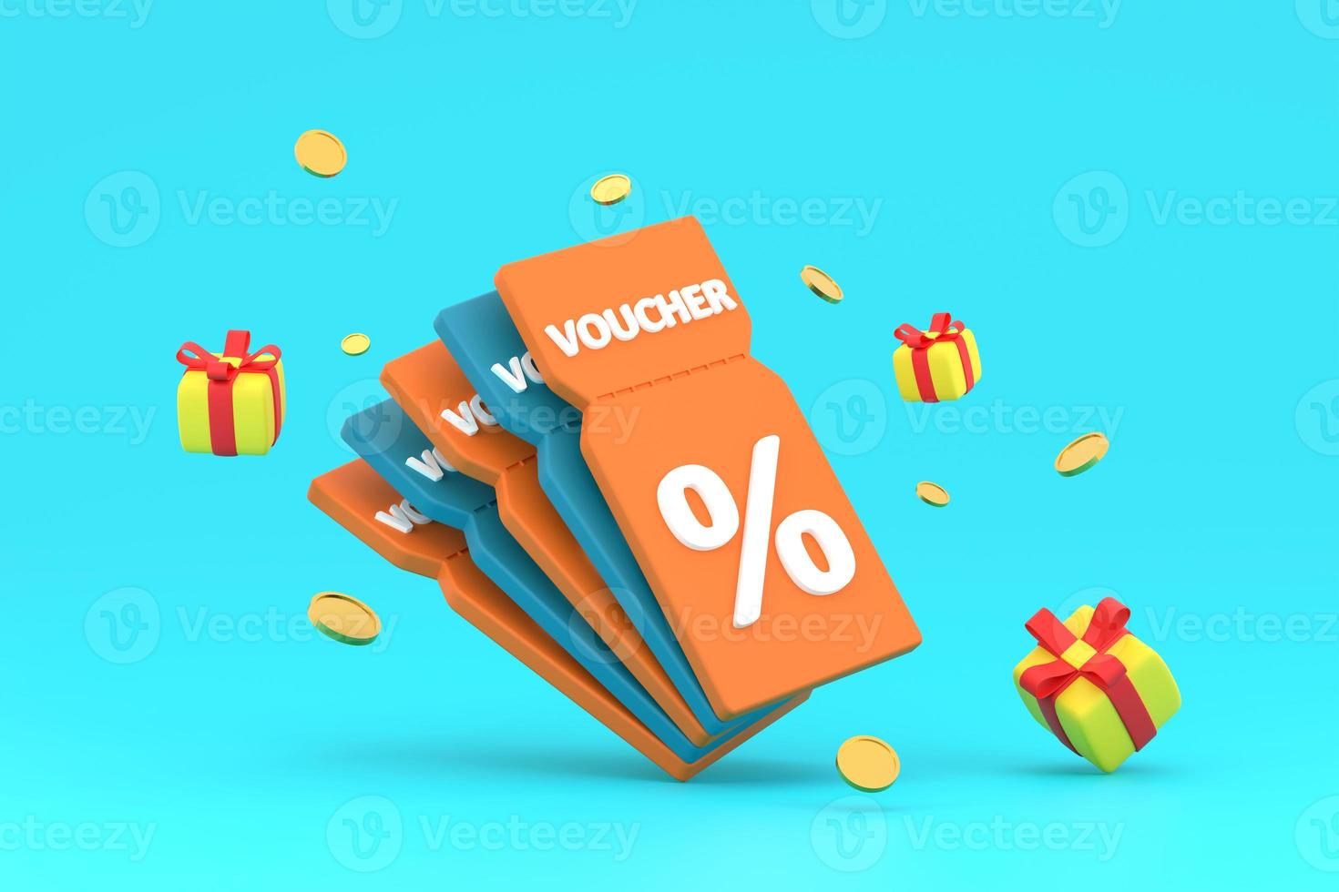 discount coupon with percentage sign with coins and gift box. Voucher card cash back. photo