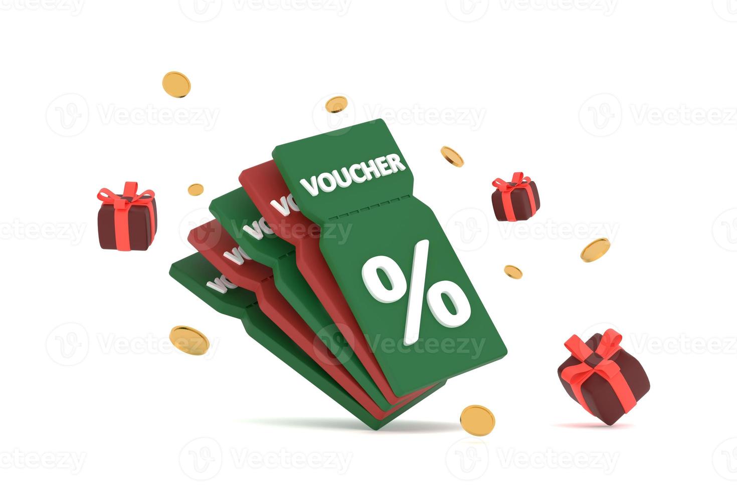 discount coupon with percentage sign with coins and gift box. Voucher card cash back. photo