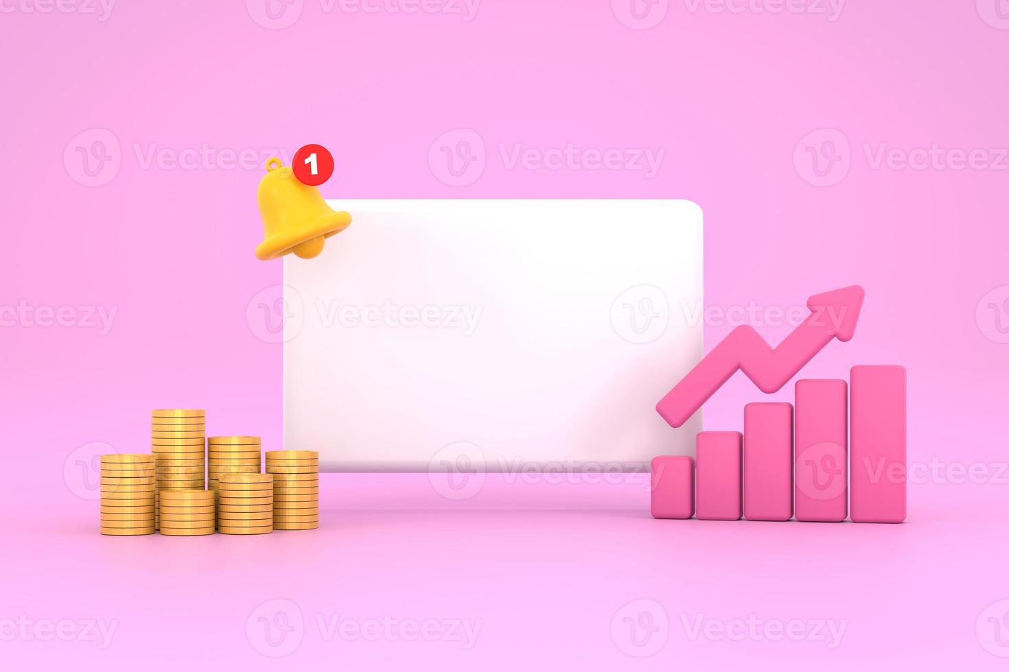 Empty reminder pop up, notification bell icon with graph and coins photo